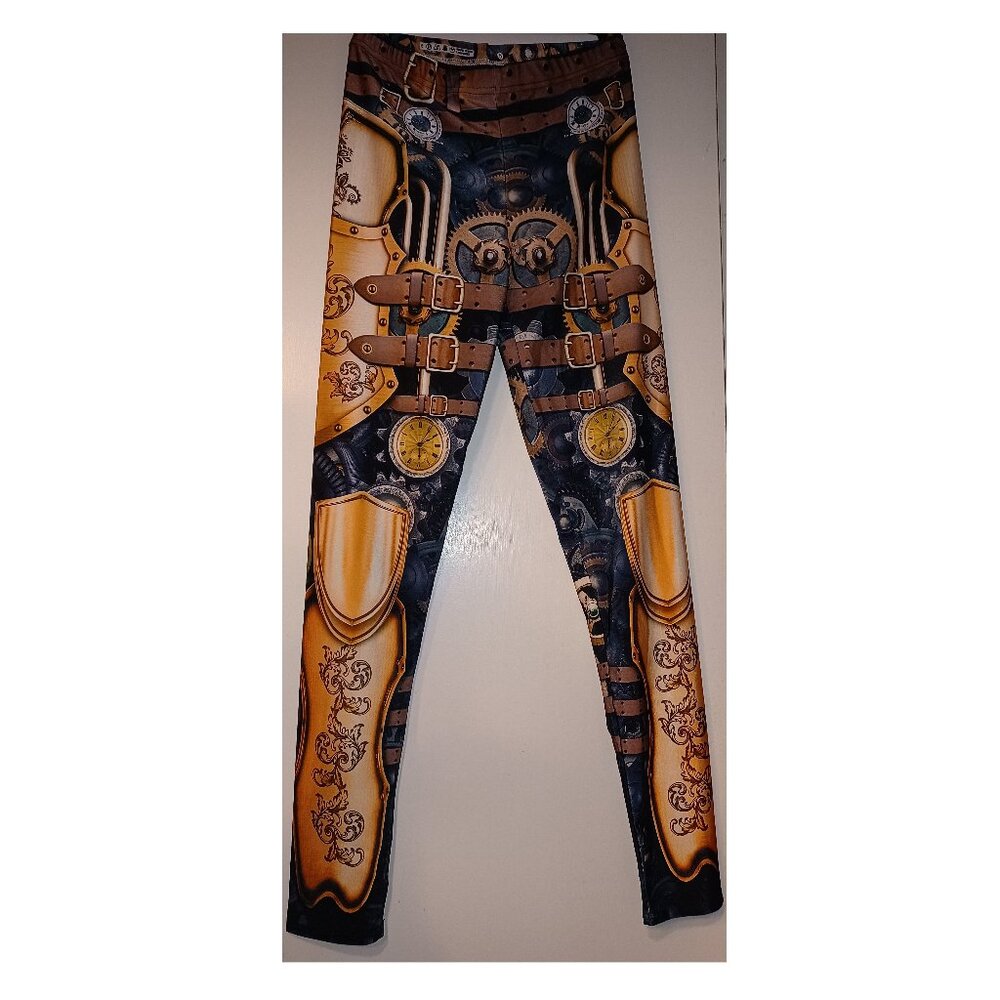 NWT Warrior Steampunk Leggings Navy Blue & Gold Shield Belts Strappy Gears Pipes